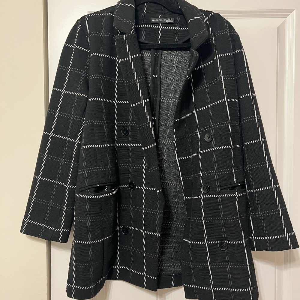 Black Tape Blazer - Stylish Black and White Women's Coat